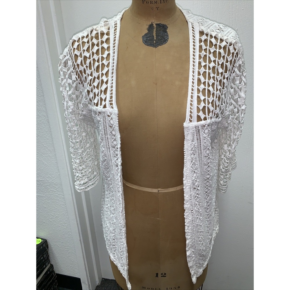 XCVI Womens Crochet Open Cardigan‎ Small White Beachy Cover Up 1/2 Sleeve Wrap